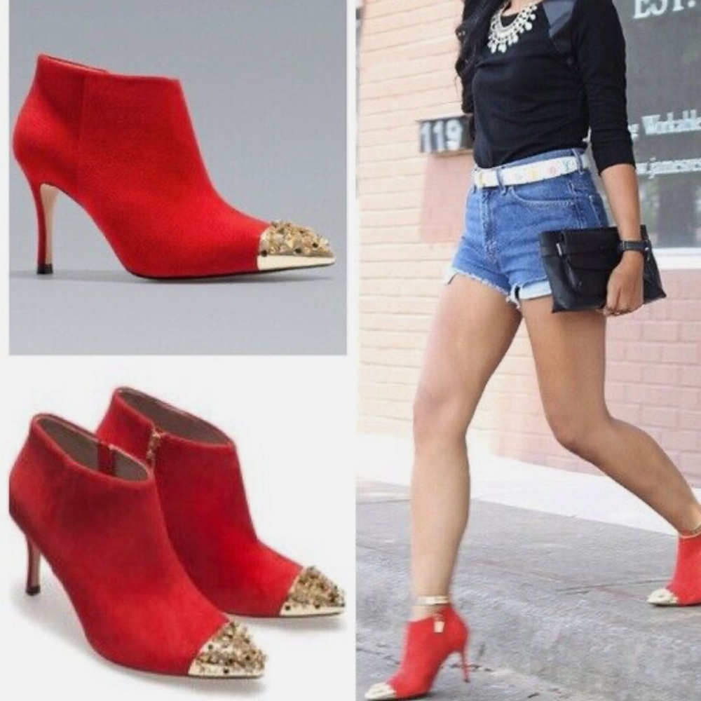 Red Zara Suede booties with a gold toe